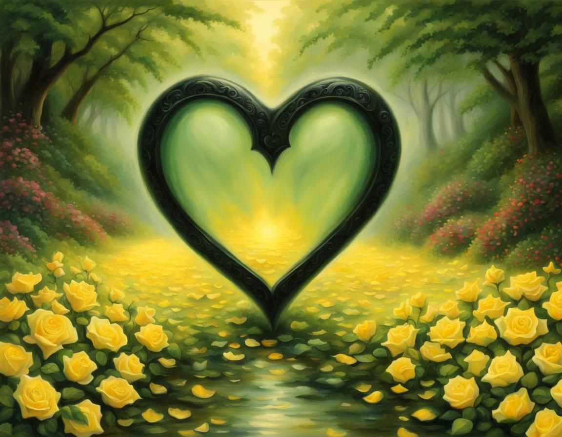 Black Heart Among Rose Petals in Ethereal Style