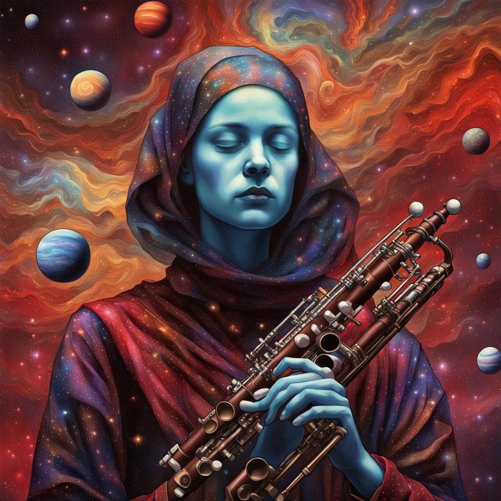 Astral Bassoonist: Cosmic Impressionism in Mixed Media