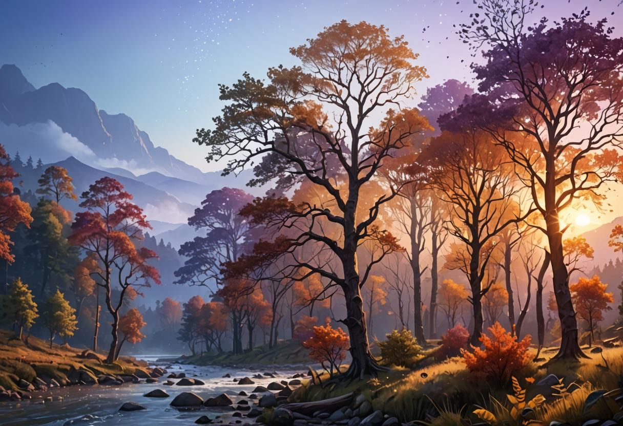 Golden Sunset Over Forest Landscape in Hyperrealism