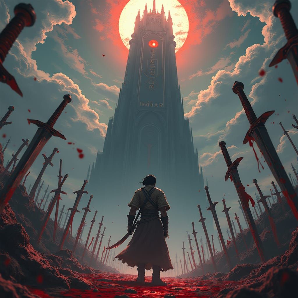 Man Gazes at Tower of Sacrifices in Anime Style