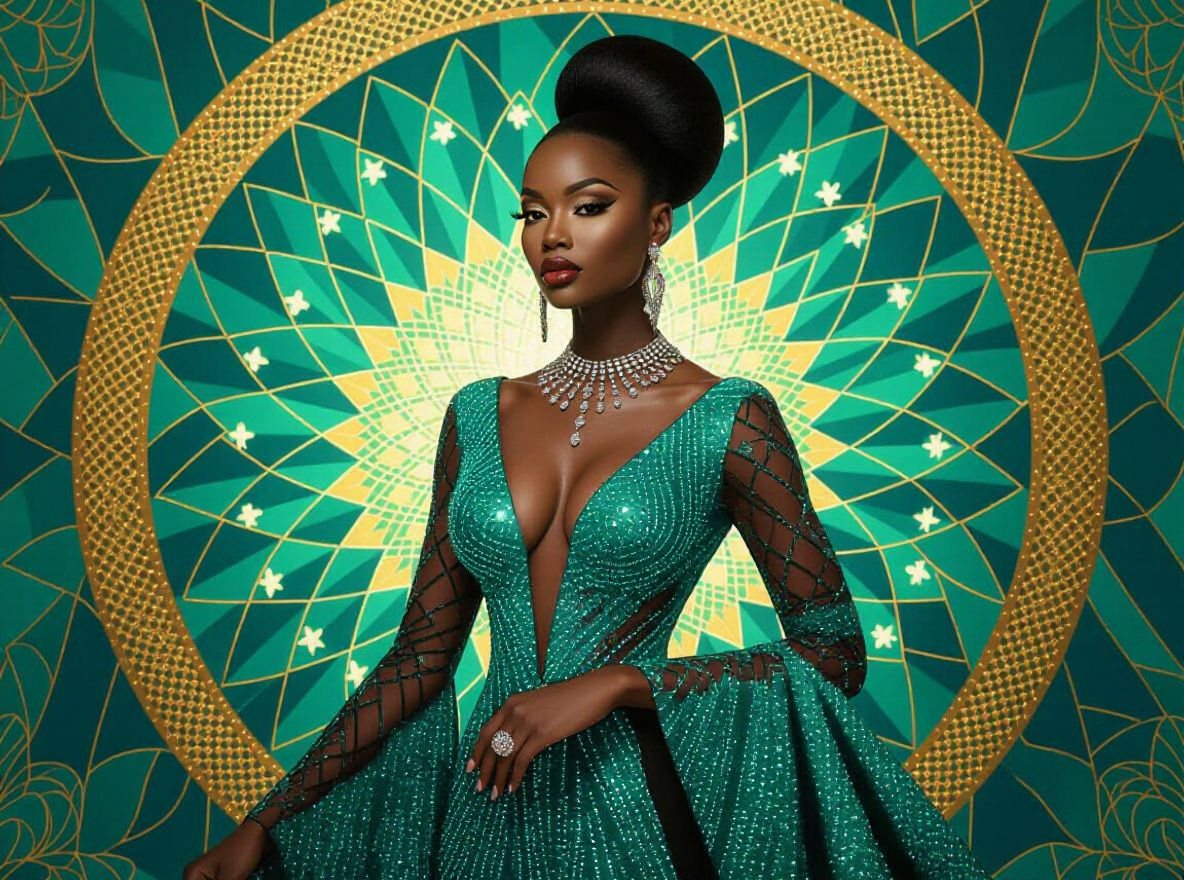 Elegant Black Woman in Glittering Dress with Chiaroscuro Lig...