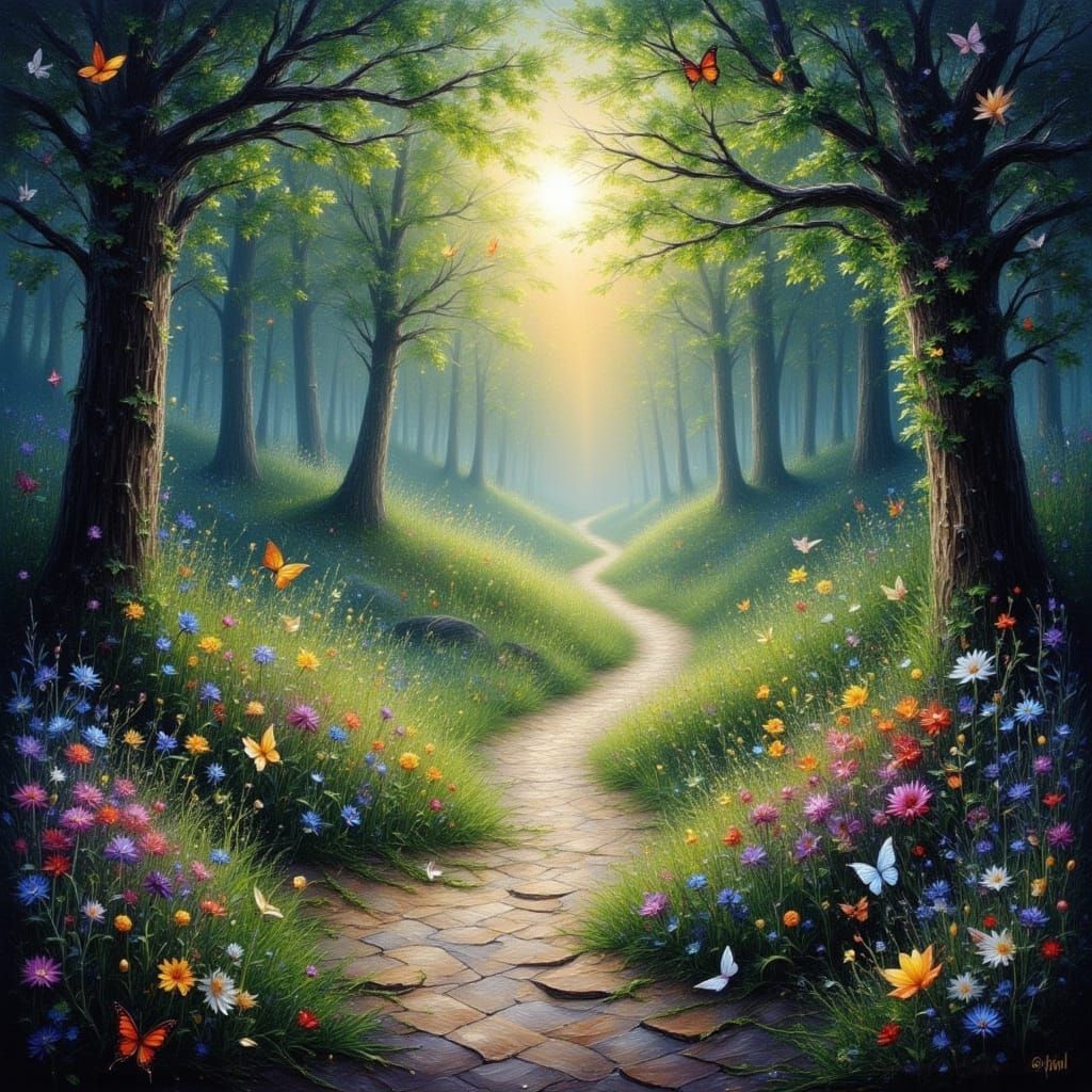 Enchanted Paths: Light and Darkness in Digital Art