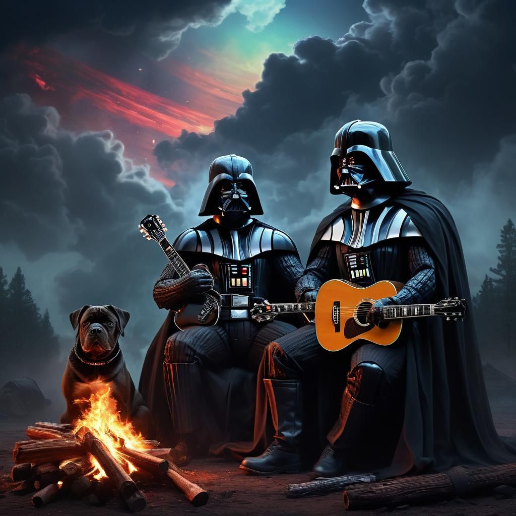 Slash, Vader, and Mastiff Around Campfire on Jupiter