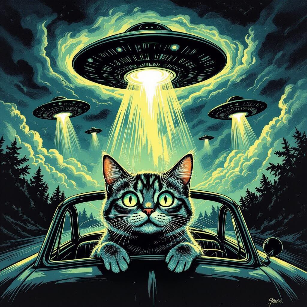 Terrified Cat Faces Alien UFOs in Vintage Car