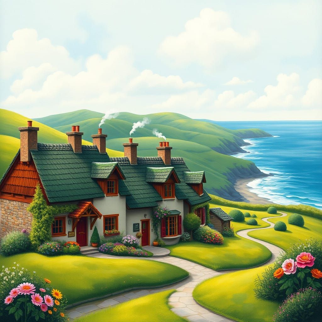 Whimsical Cottages Amidst Emerald Hills Overlooking the Sea