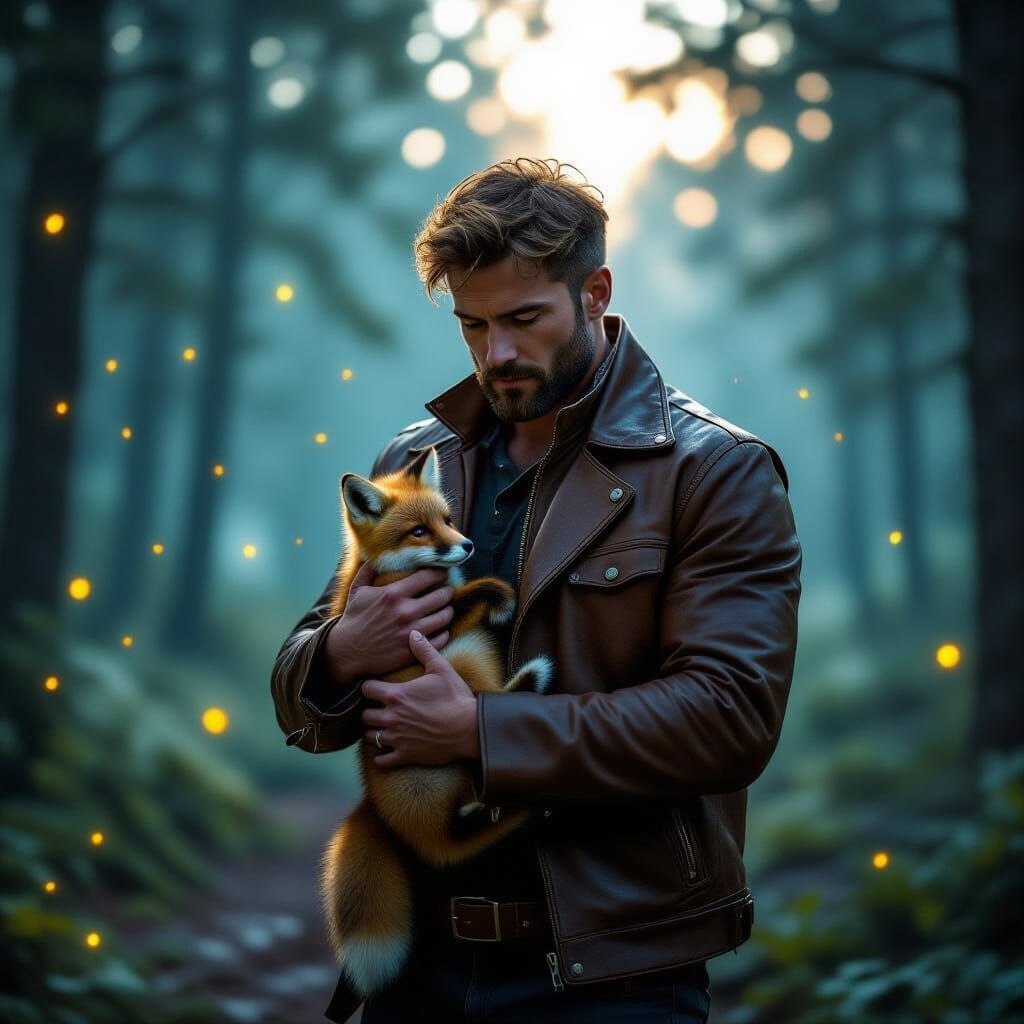 Man in Glowing Forest with Baby Fox, Twilight Scene