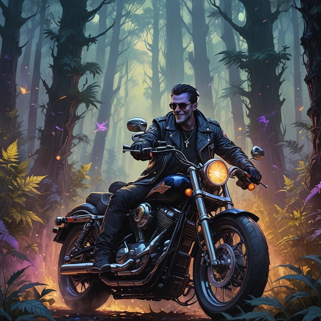 Mystical Forest Biker in Dark Fantasy Art