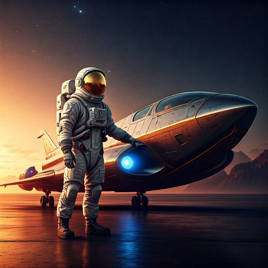 Heroic Astronaut Beside Futuristic Spaceship in Starry Night...
