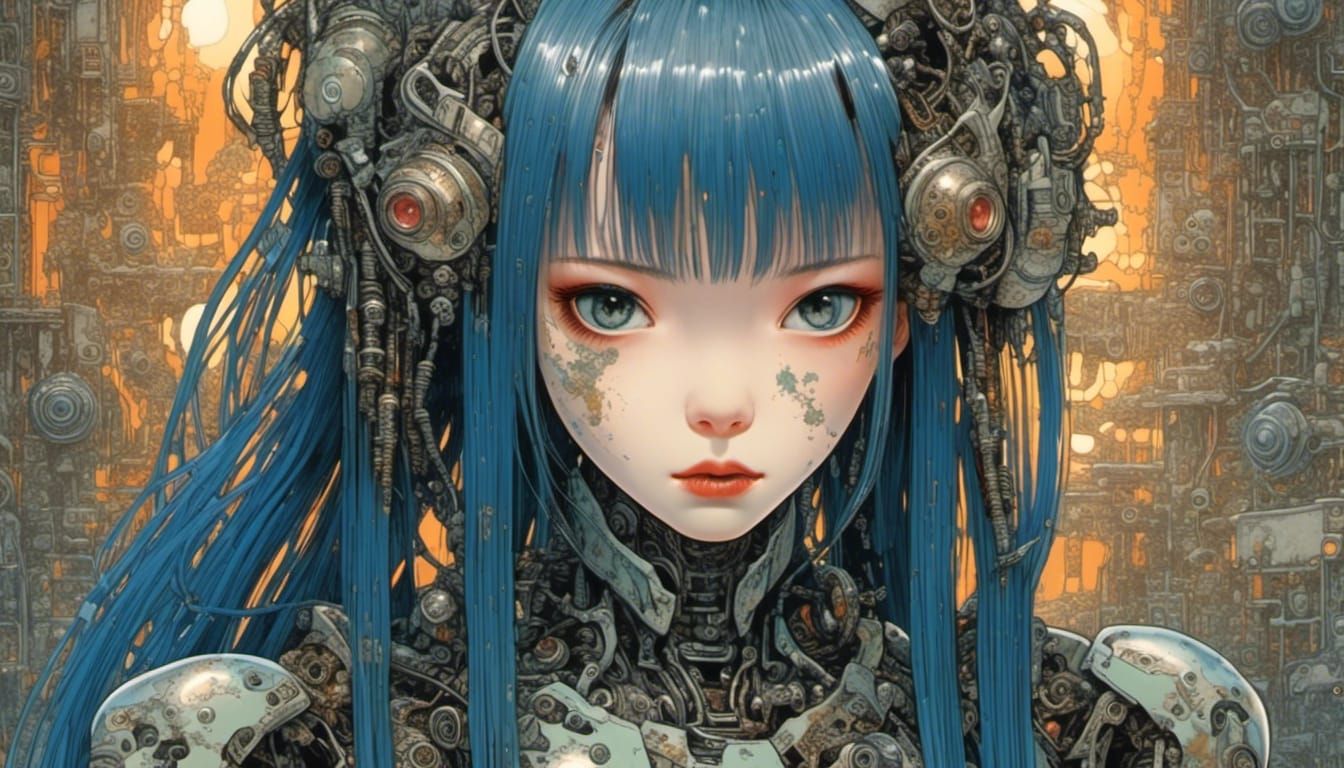 Cyberpunk Girl with Platinum Cybernetics in Ito Style