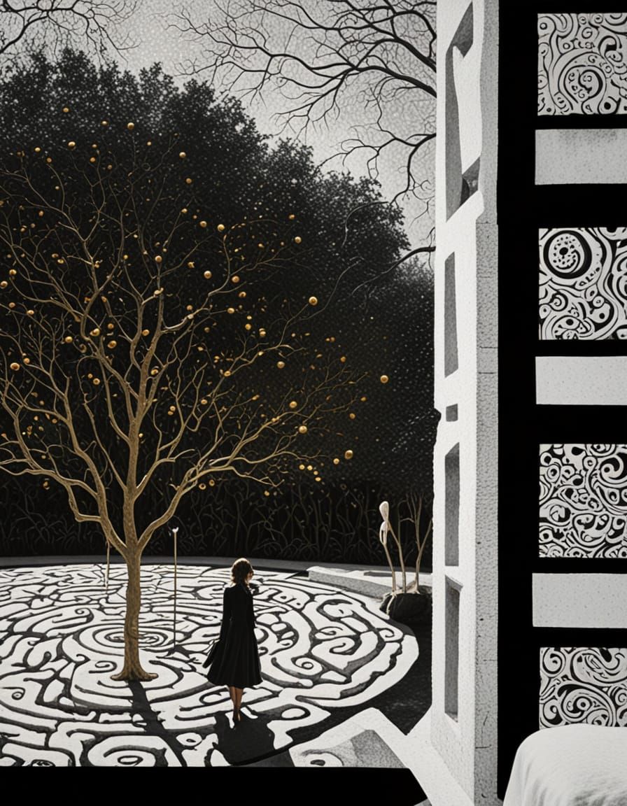 Surreal Woman in Labyrinthine Garden: Oil Painting
