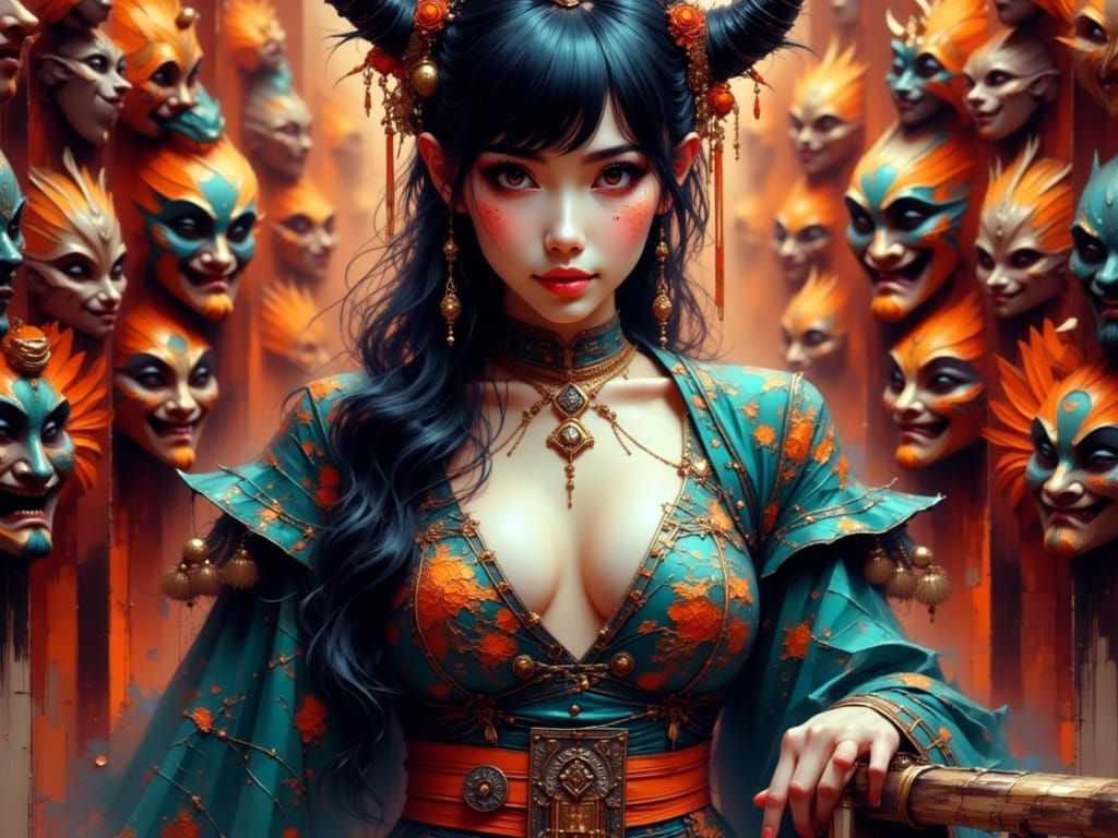 Chiyoko Poses Amidst Vibrant Kabuki Masks