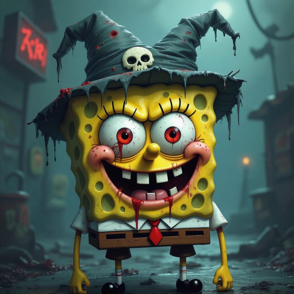 Eerie Distorted Spongebob in Gothic Biomechanical Style