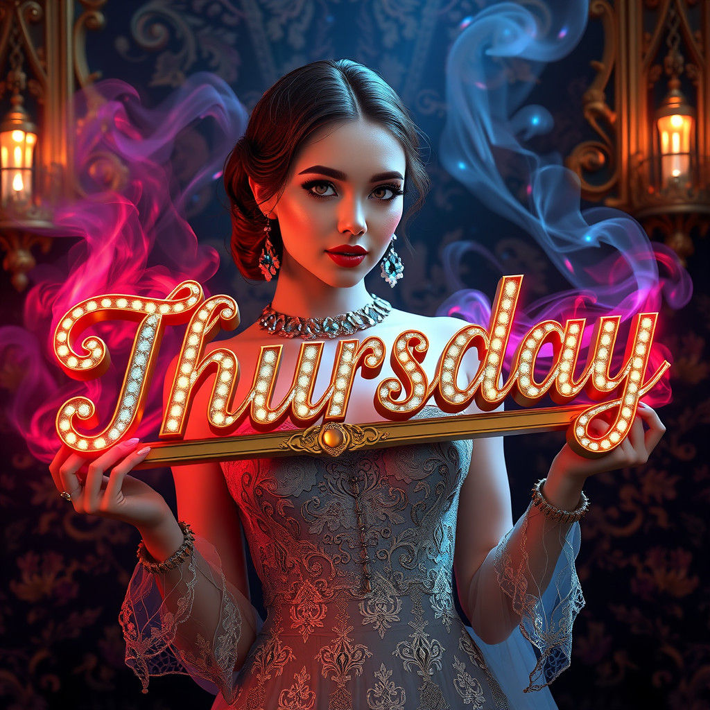 Elegant Woman Holds Thursday Sign in Dreamlike Fantasy Art