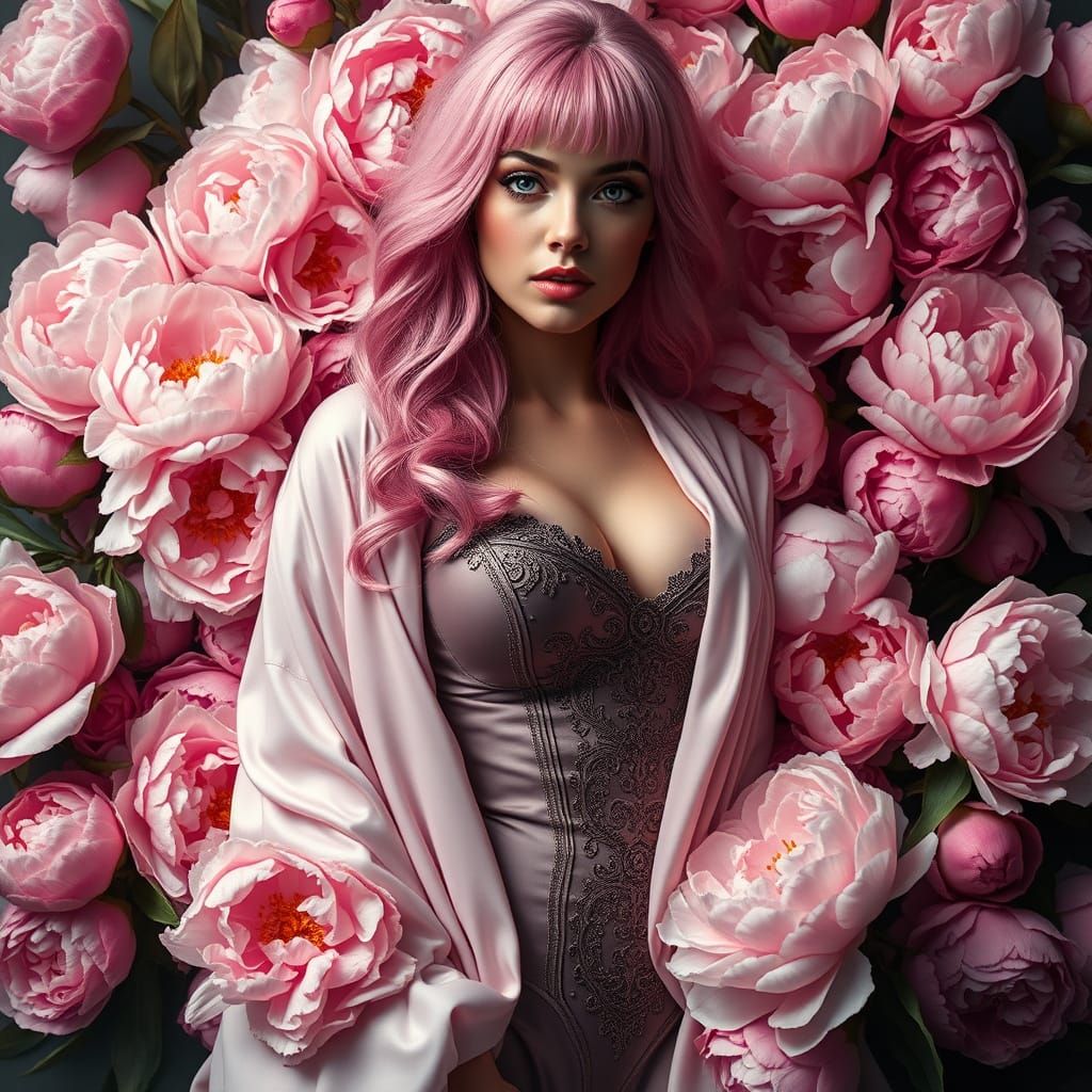 Hourglass Figure in Silky Corset with Peonies