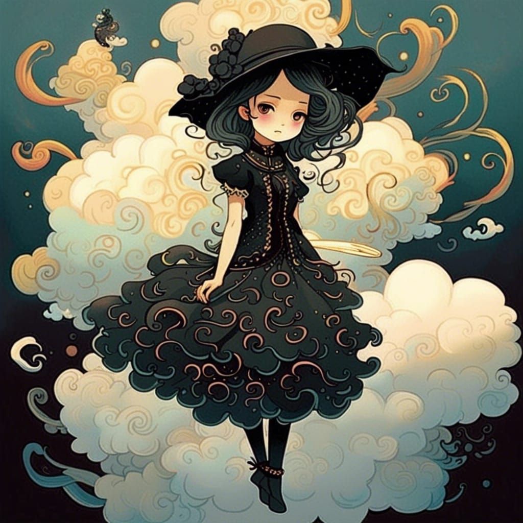 Victorian Gothic Girl on Swirling Clouds