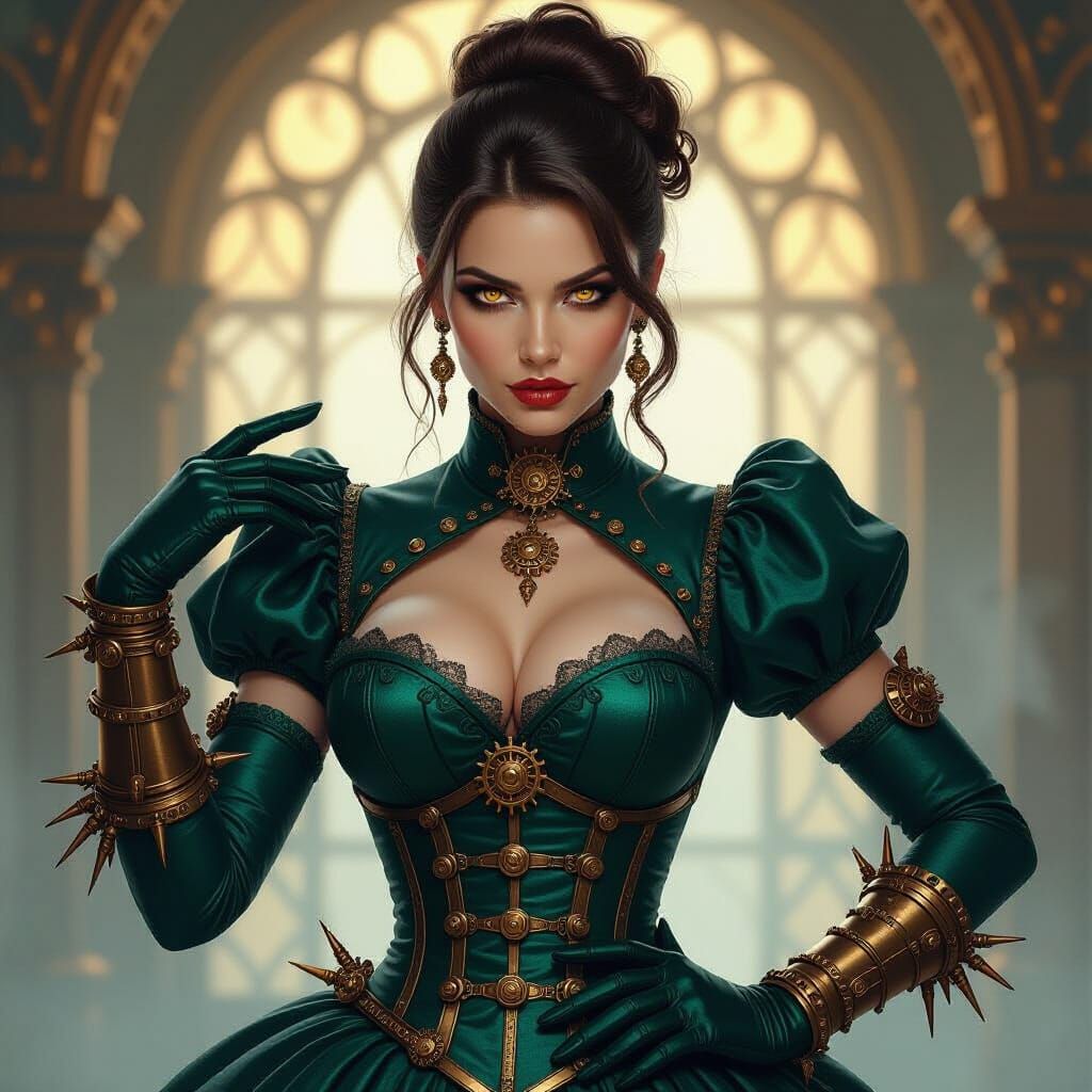Steampunk Villainess in Victorian Gown with Brass Gears
