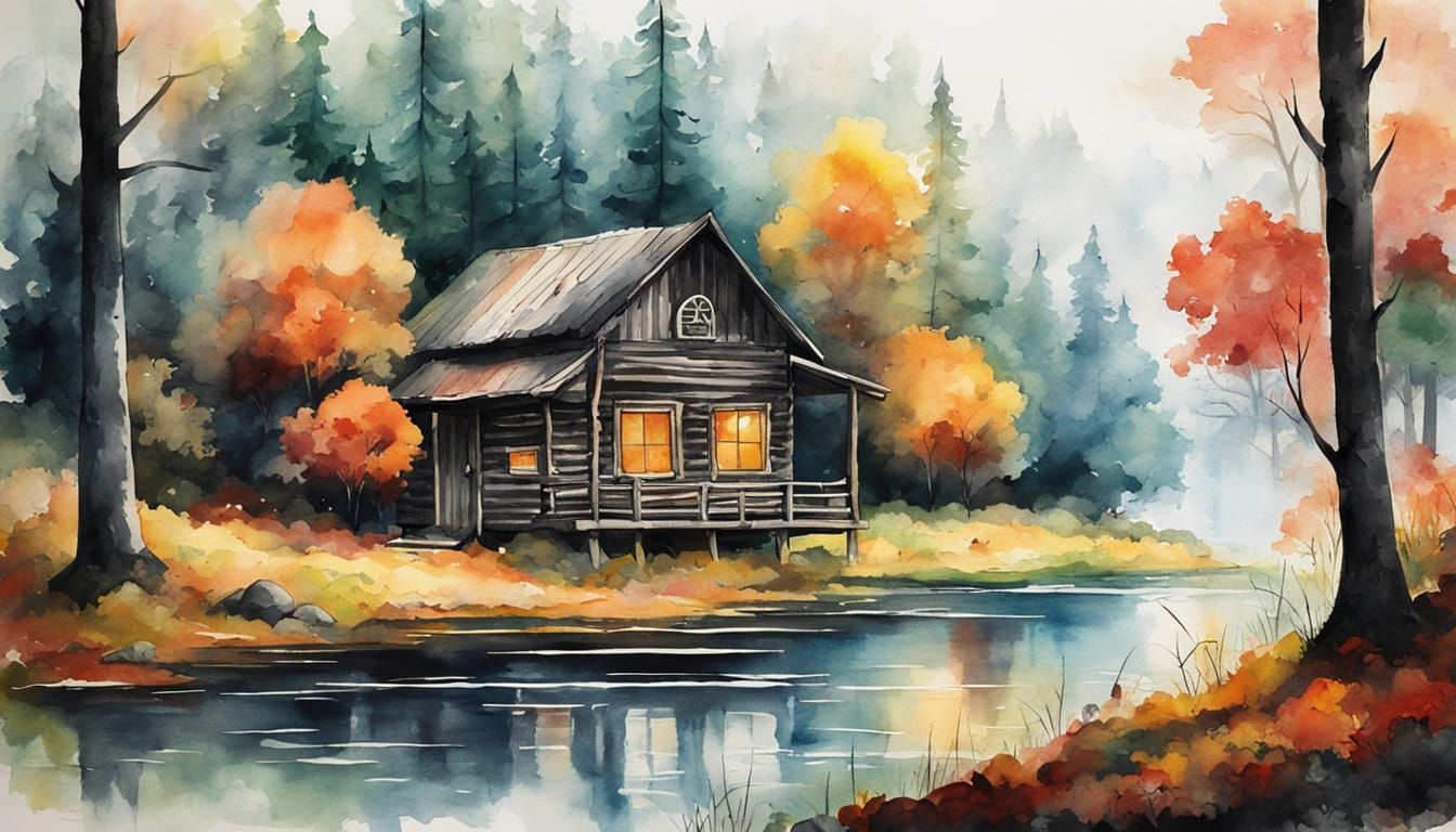 Watercolor Forest Cabin Scene in Misty Woods
