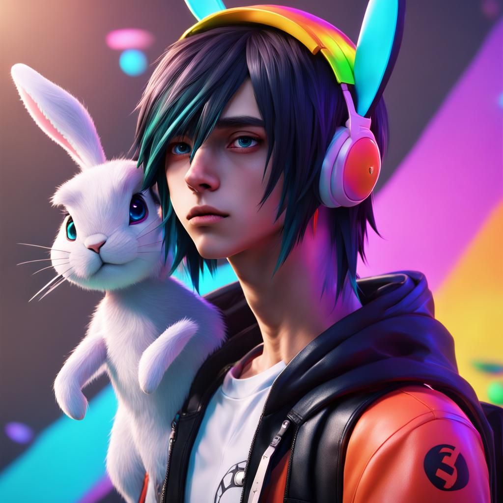 Emo Anime Fighter with Bunny Ears in 3D