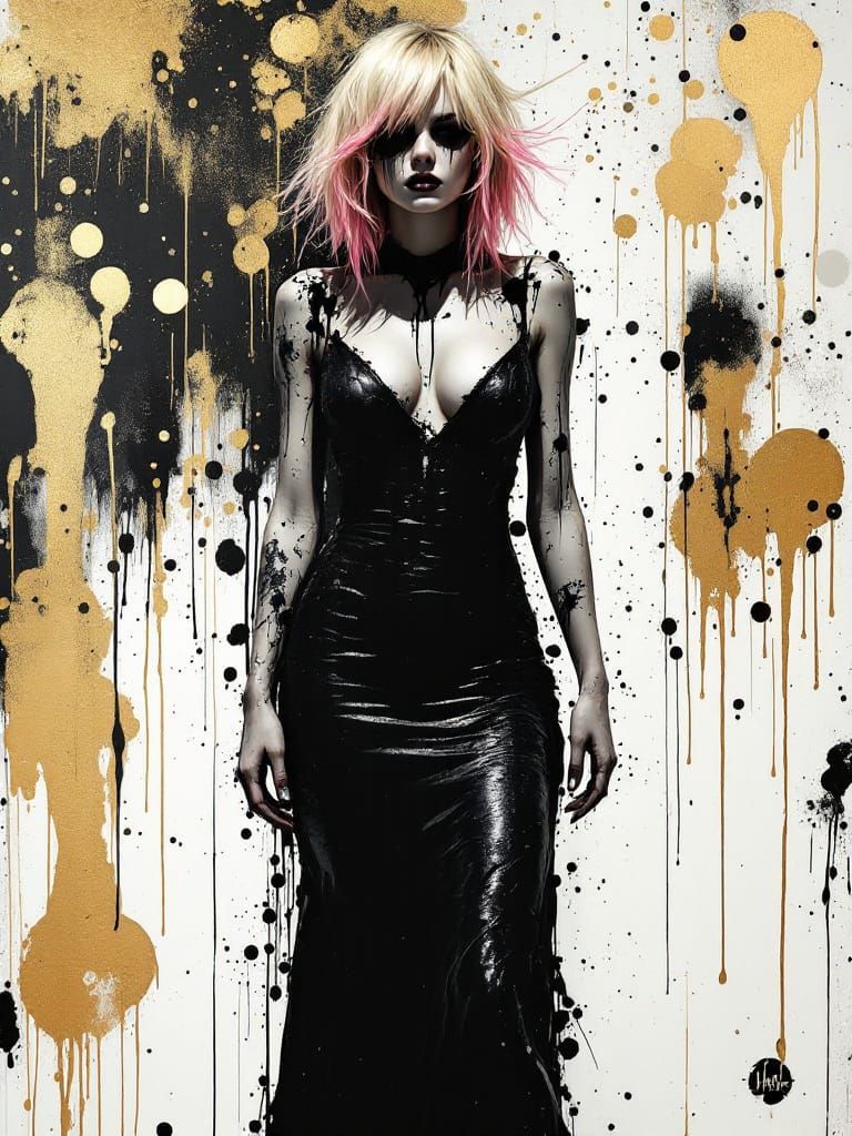 Pin-Up Woman with Pink Tipped Hair in Expressive Ink Splatte...