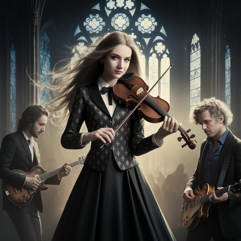 Gothic Violinist in Elegant Black Suit, Captured in Atmosphe...