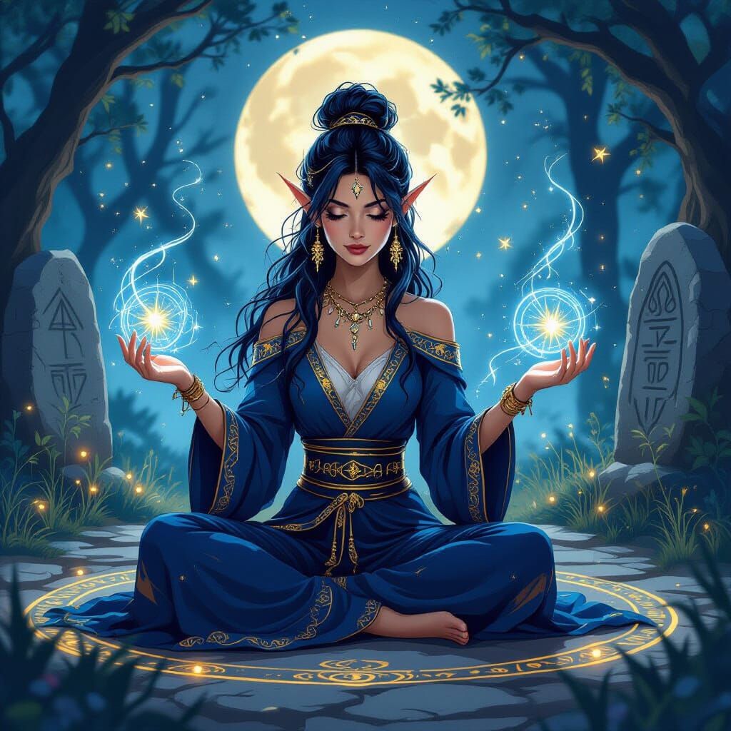 Enchantress Weaving Starlight Magic in Alcohol Ink Style