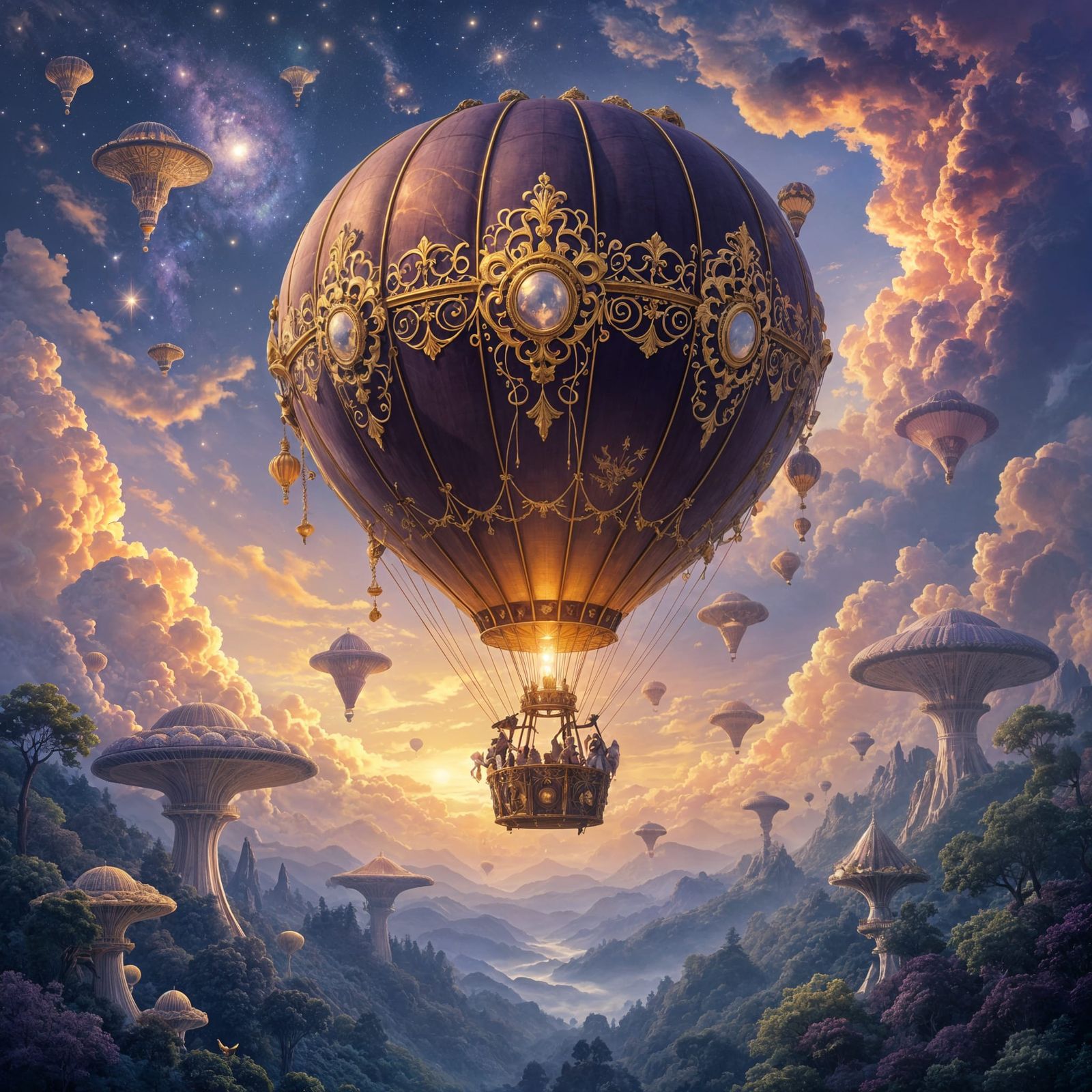 Golden Filigree Hot Air Balloon Drifting Through Nebulae Sky