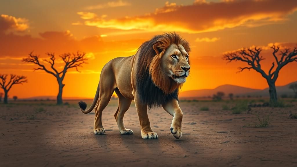 Majestic Lion Strolling Across Savanna at Sunset