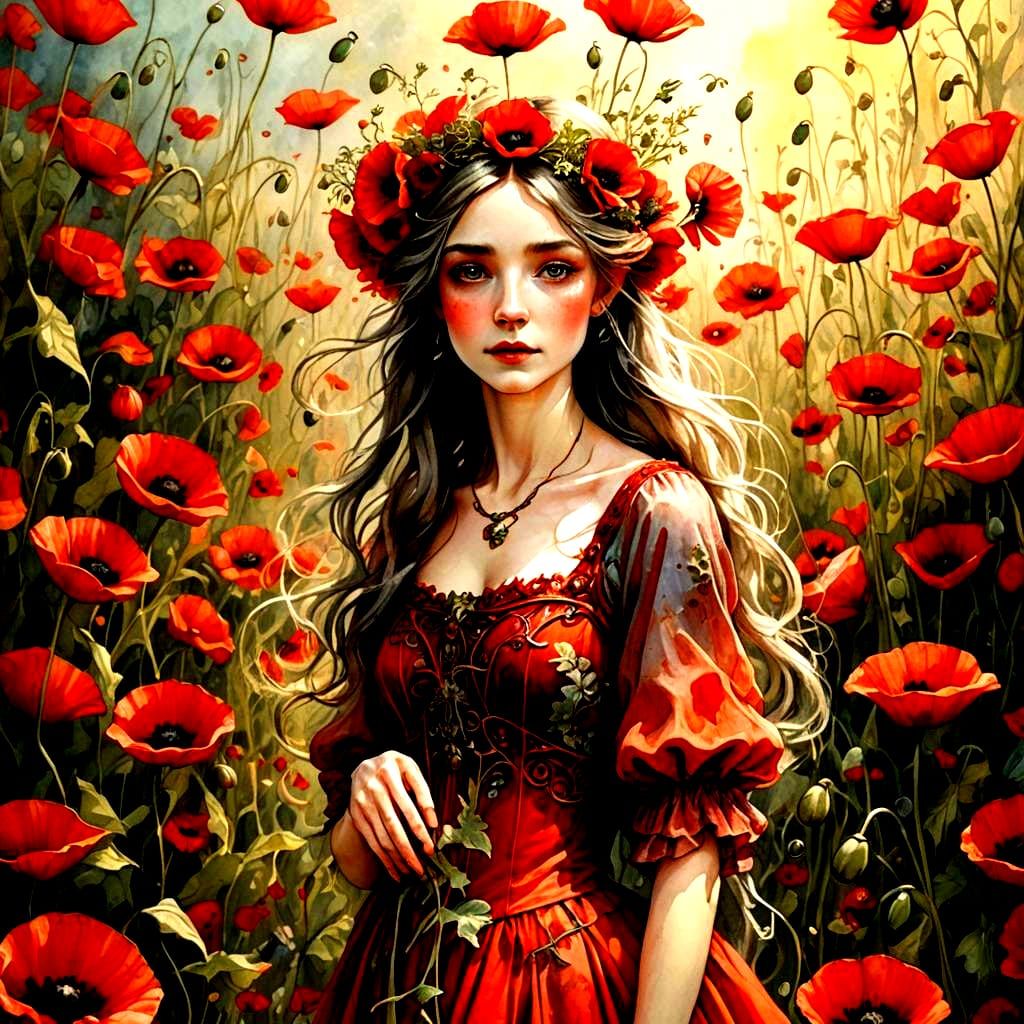 Poppy Fairy in Scarlet Dress Fantasy Art