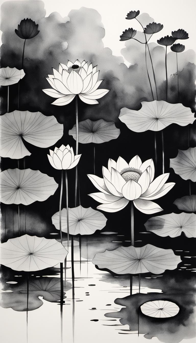 Minimalist Japanese Ink Painting of Lotus Flowers