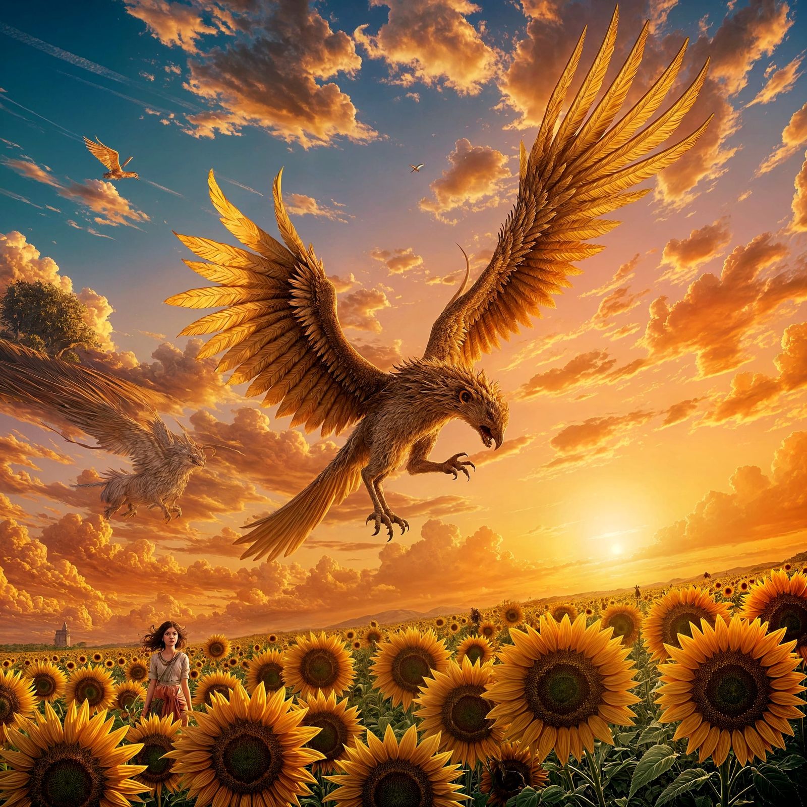 Griffin Soaring at Sunset in Ghibli Art Style