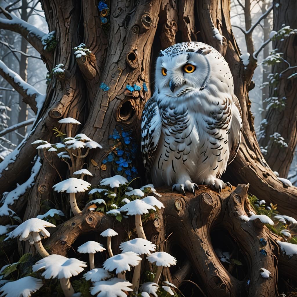 Glowing Mushrooms and Owl in Enchanted Forest