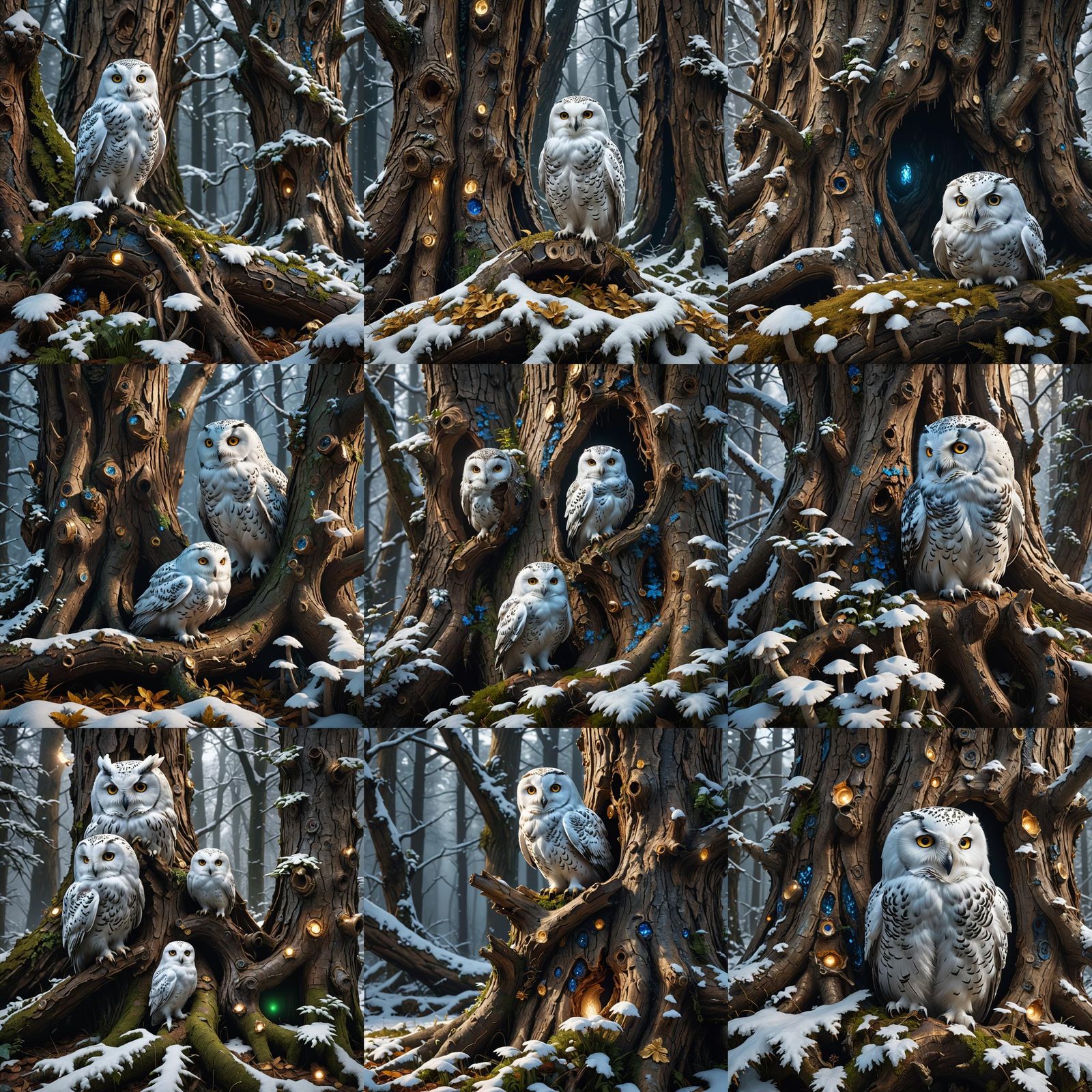 Glowing Mushrooms and Snowy Owl in Fantasy Forest