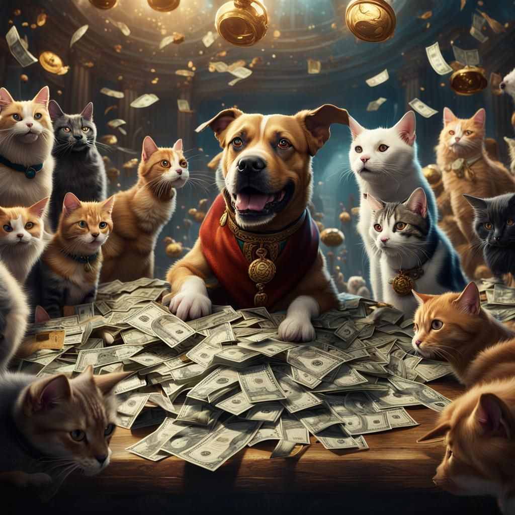 Dog Flexing Money in Detailed Matte Painting