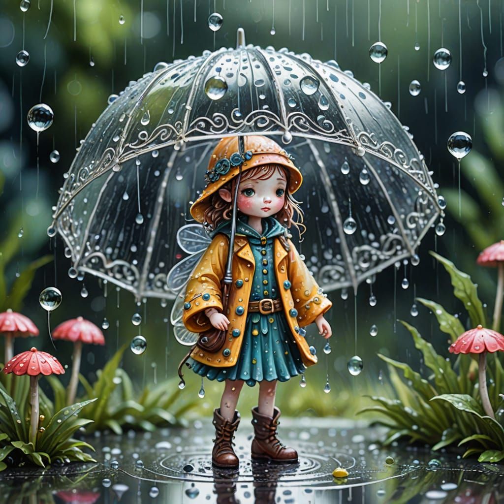 Fairy in Rain: Whimsical Gouache Watercolor Illustration