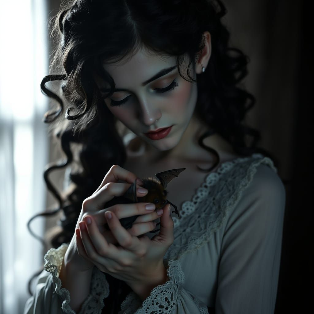 Gothic Woman Tenderly Cares for Injured Bat in Mysterious, M...