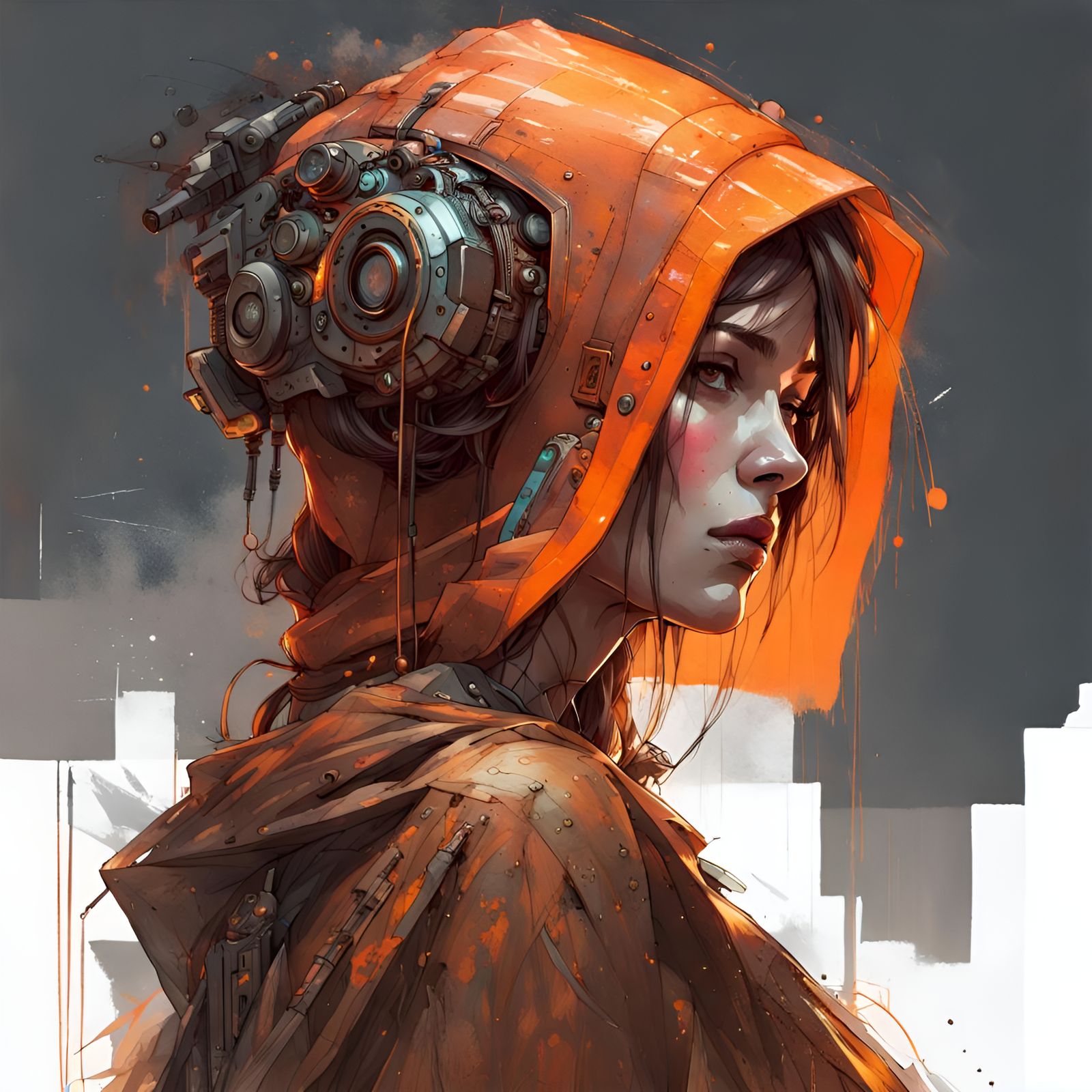 Stylish Cyberpunk Character in Orange Cloak