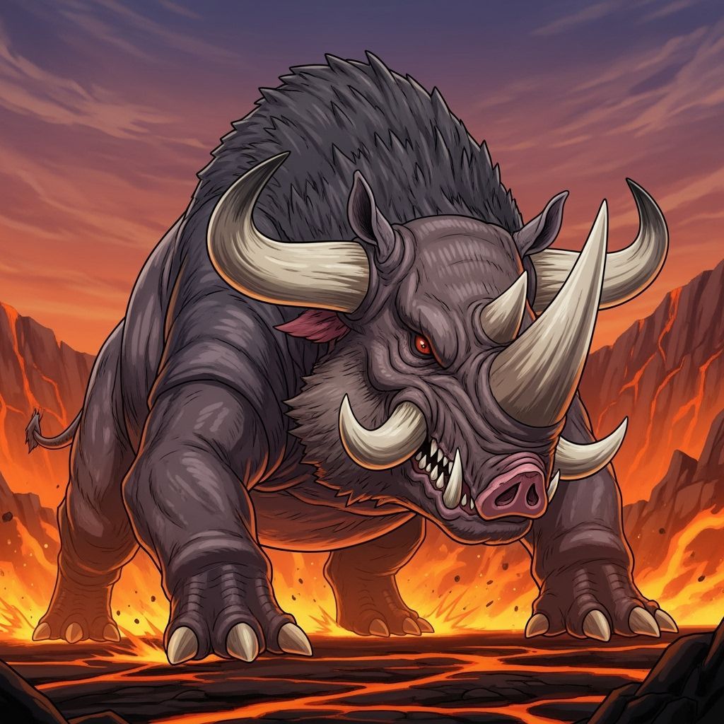 Massive Boardon Creature Charging Through Volcanic Landscape
