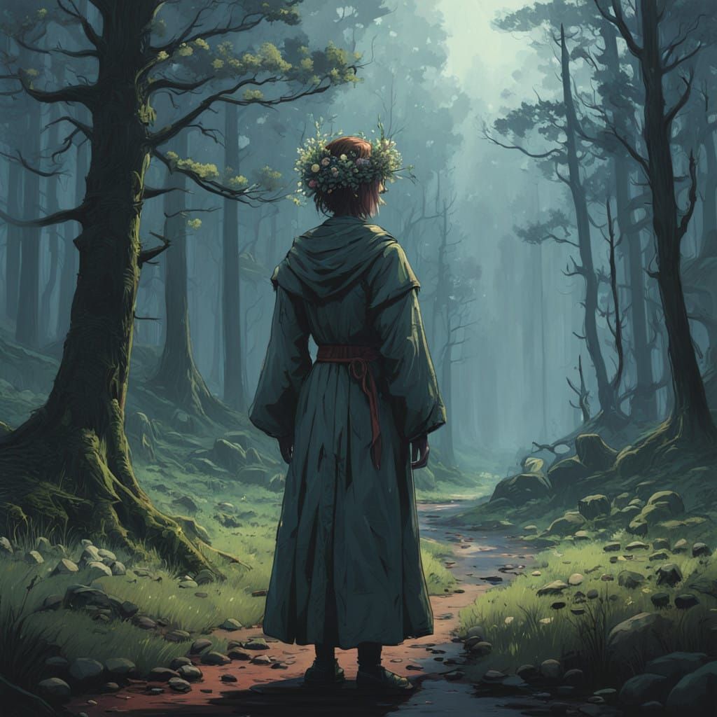 Surreal Woman in Dreamy Landscape with Whimsical Details