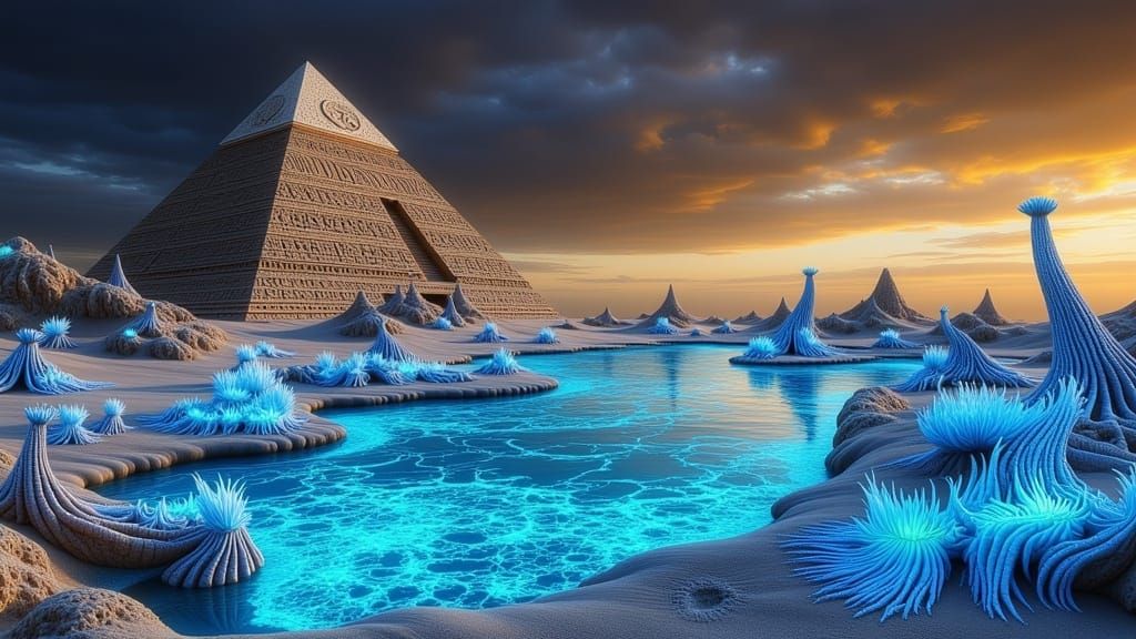 Surreal Desert Pyramid Illuminated by Bioluminescent Sands