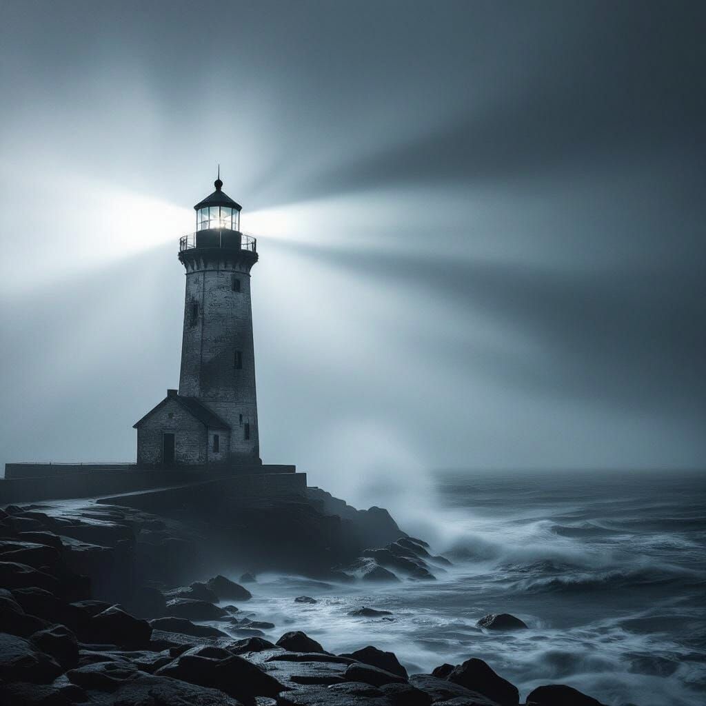 Lone Lighthouse Against Stormy Sea in High Contrast