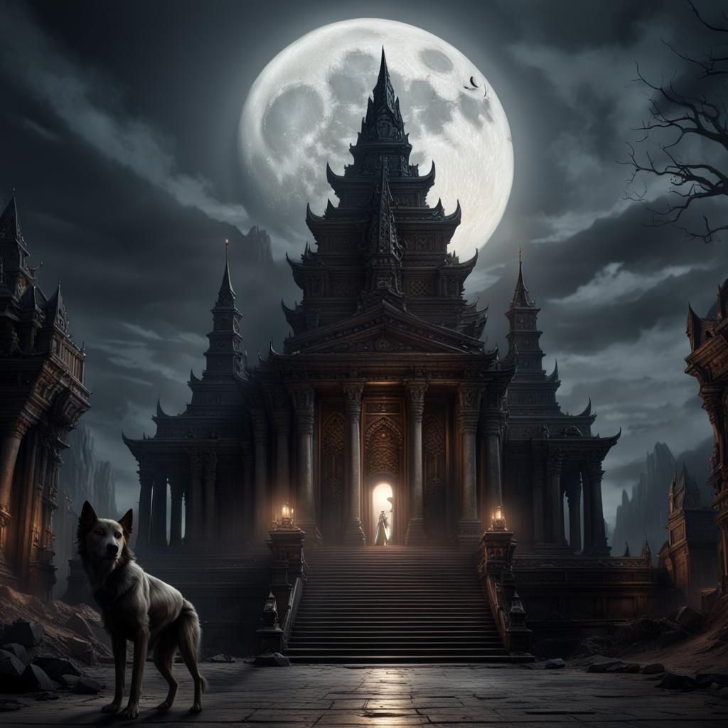 Dark Temple Under Pale Moon: A Digital Painting