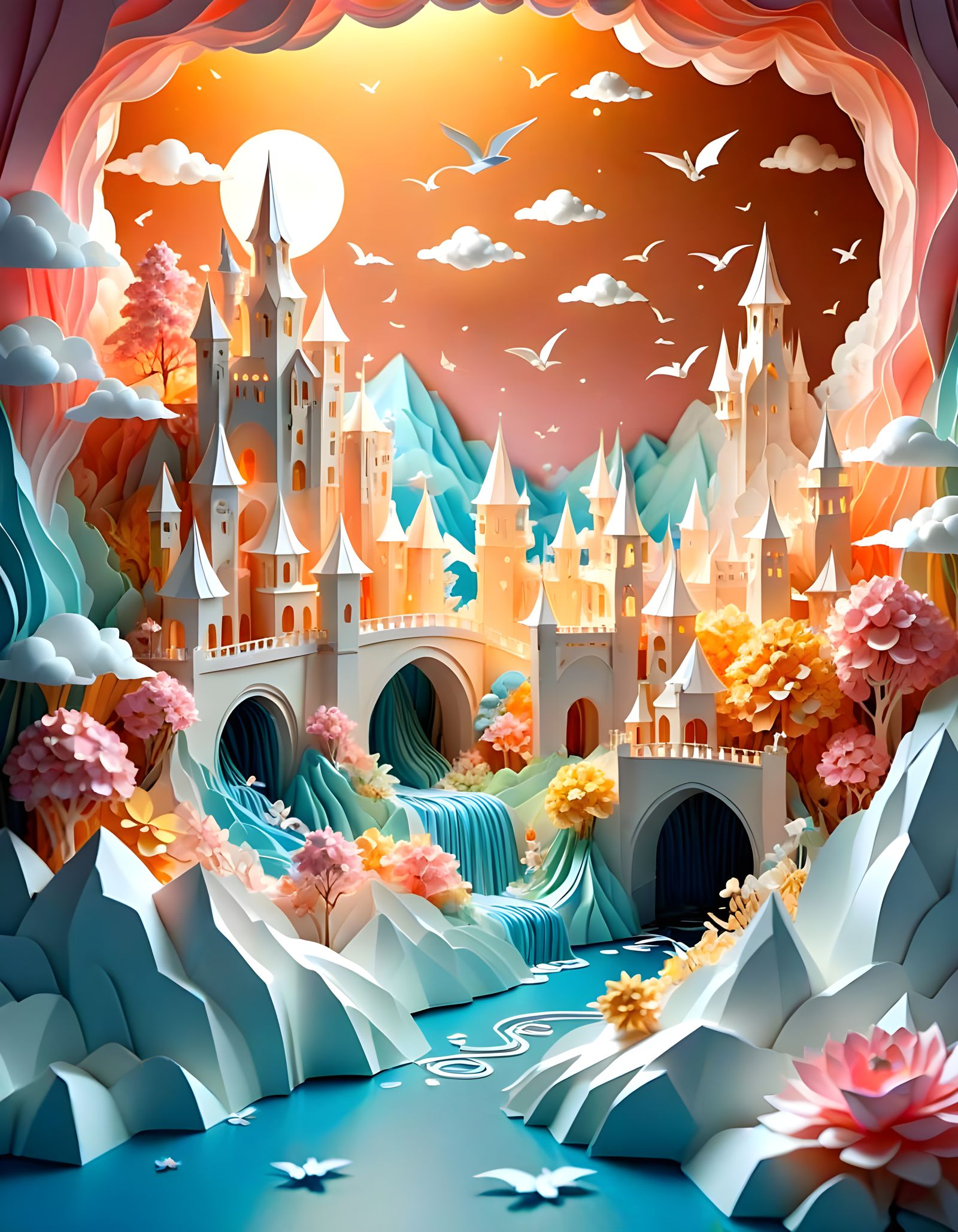 Origami Kingdom Floating in Paper Clouds