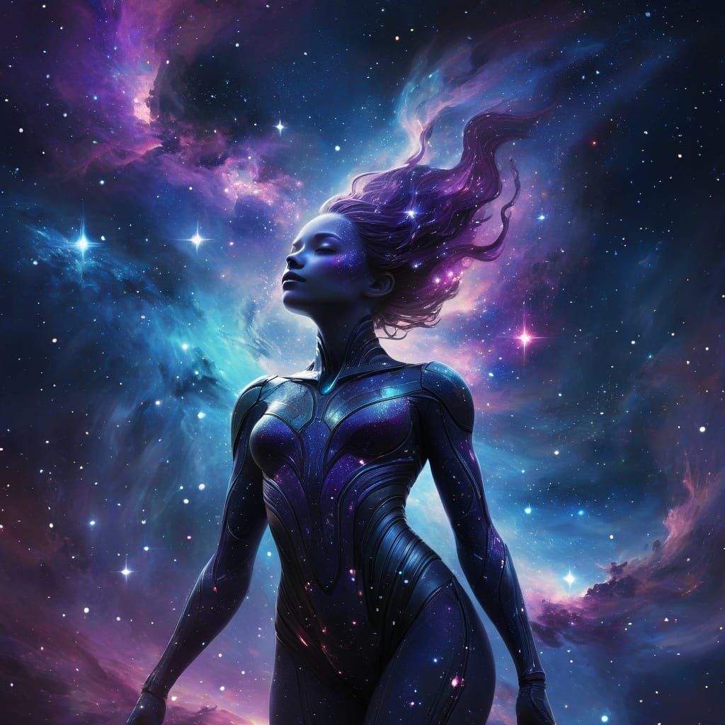 Ethereal Nebula Woman in Vibrant Cosmic Digital Painting