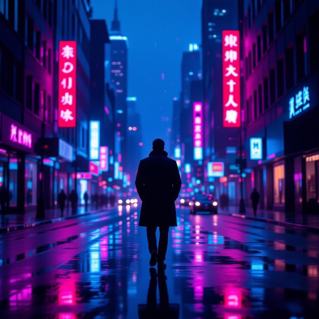Man in Neon City Street at Twilight