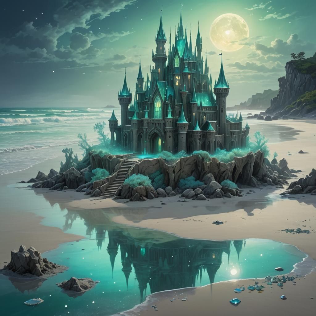 Gothic Crystal Sand Castle on Moonlit Beach