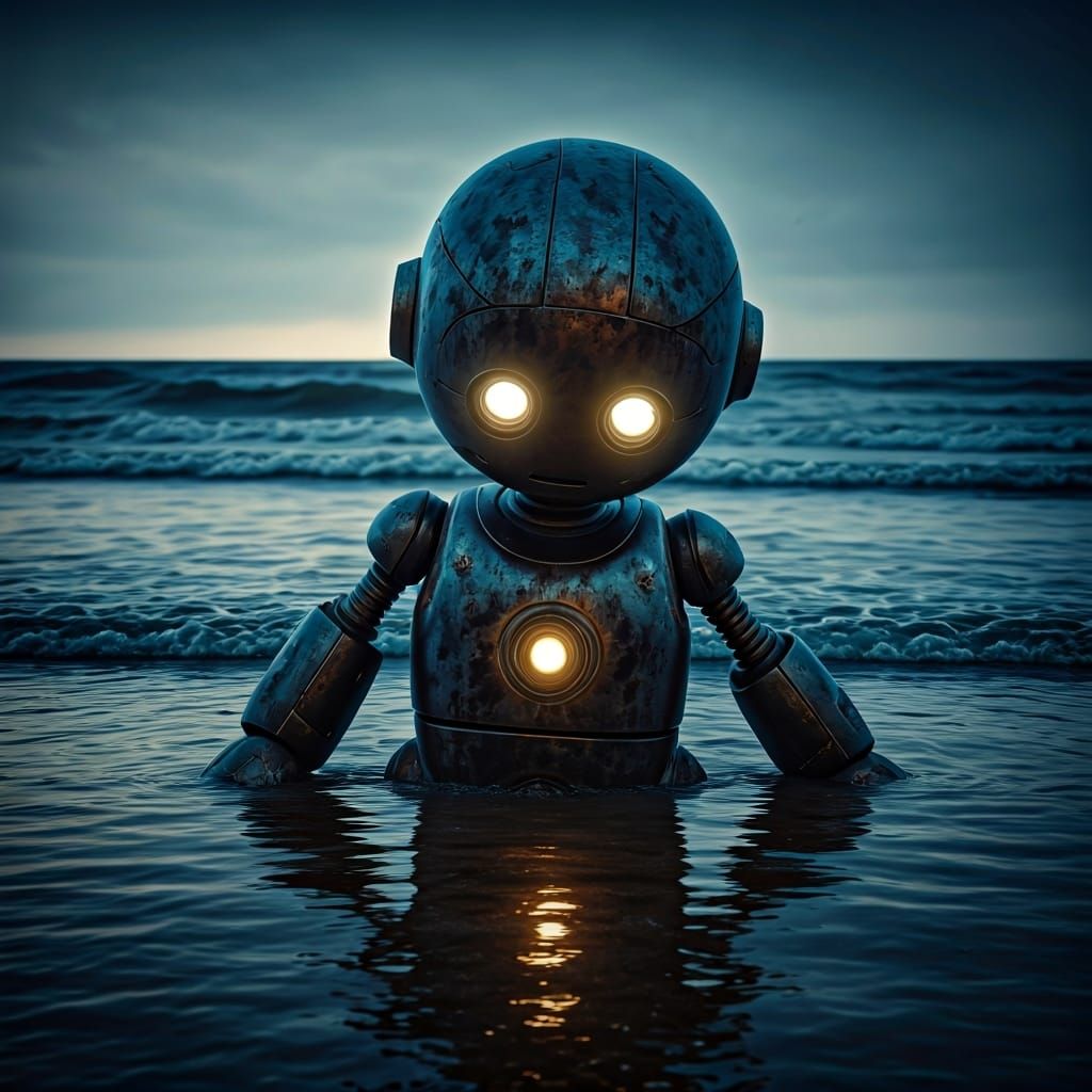 Photorealistic, dramatic. A hyper-detailed, small humanoid robot in a tired pose, emerging from the sea on a deserted be...