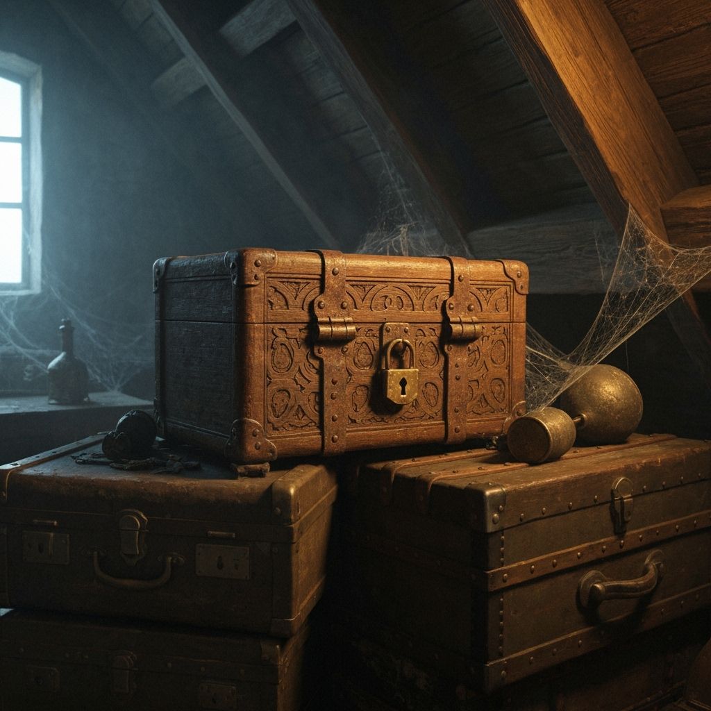 Ornate Wooden Box in Attic, Art Nouveau Style