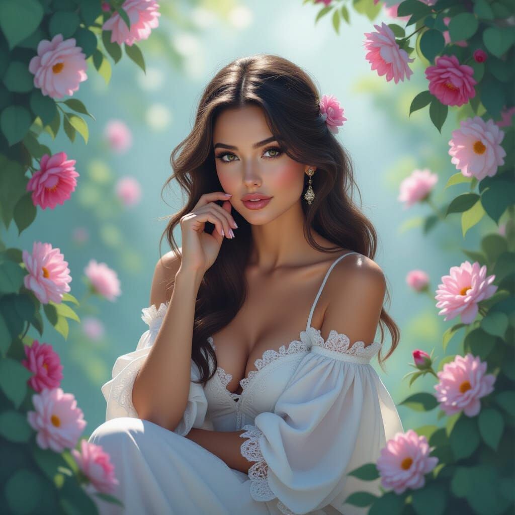 Ethereal Woman Portrait with Flowers in Gouache Style