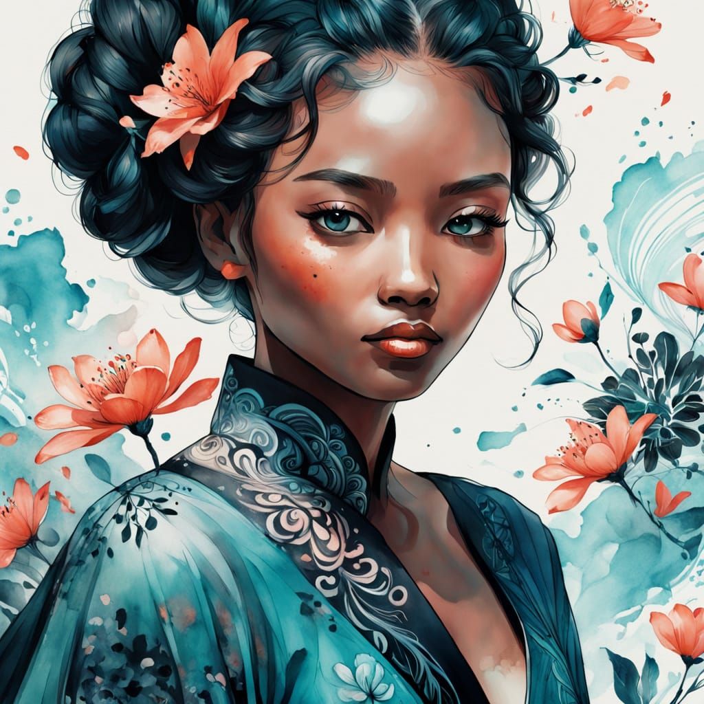 Ethereal Japanese Ink Portrait in Teal and Coral