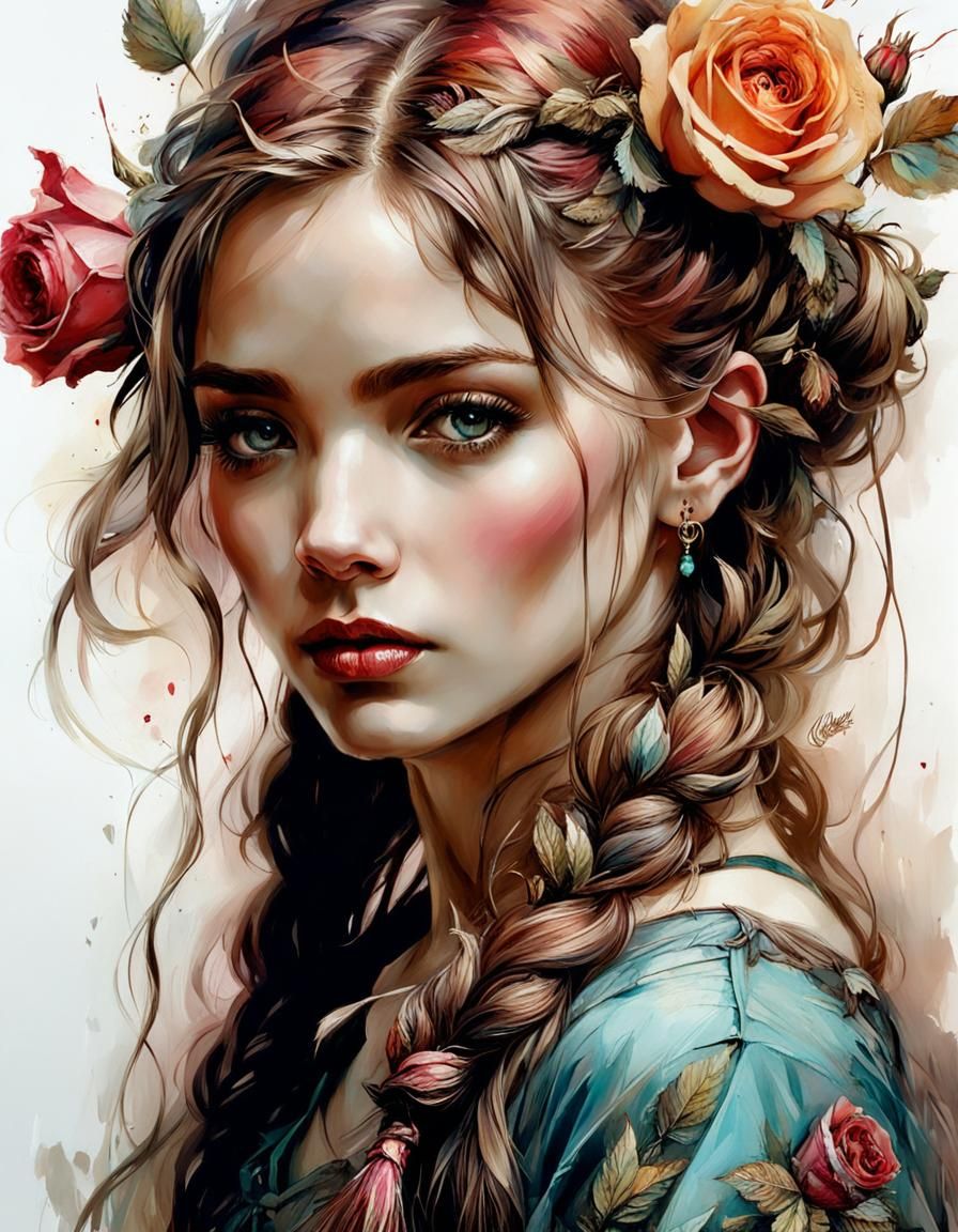 Chocolate Rose Woman Portrait in Rackham Style